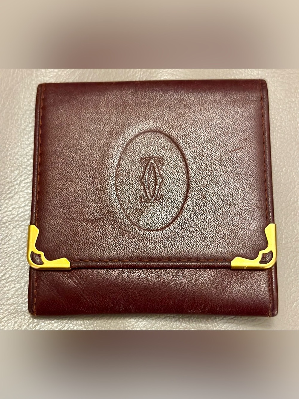 Cartier Maroon Leather Wallet/Coin Holder with Gold CornerAccents